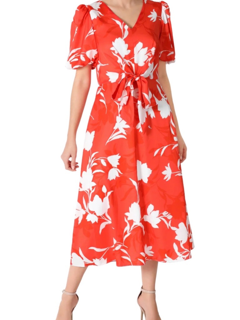 Julia Jordan Balloon Short Sleeve Tie Front Midi Dress in Red Orange&Ivory Sz. 6